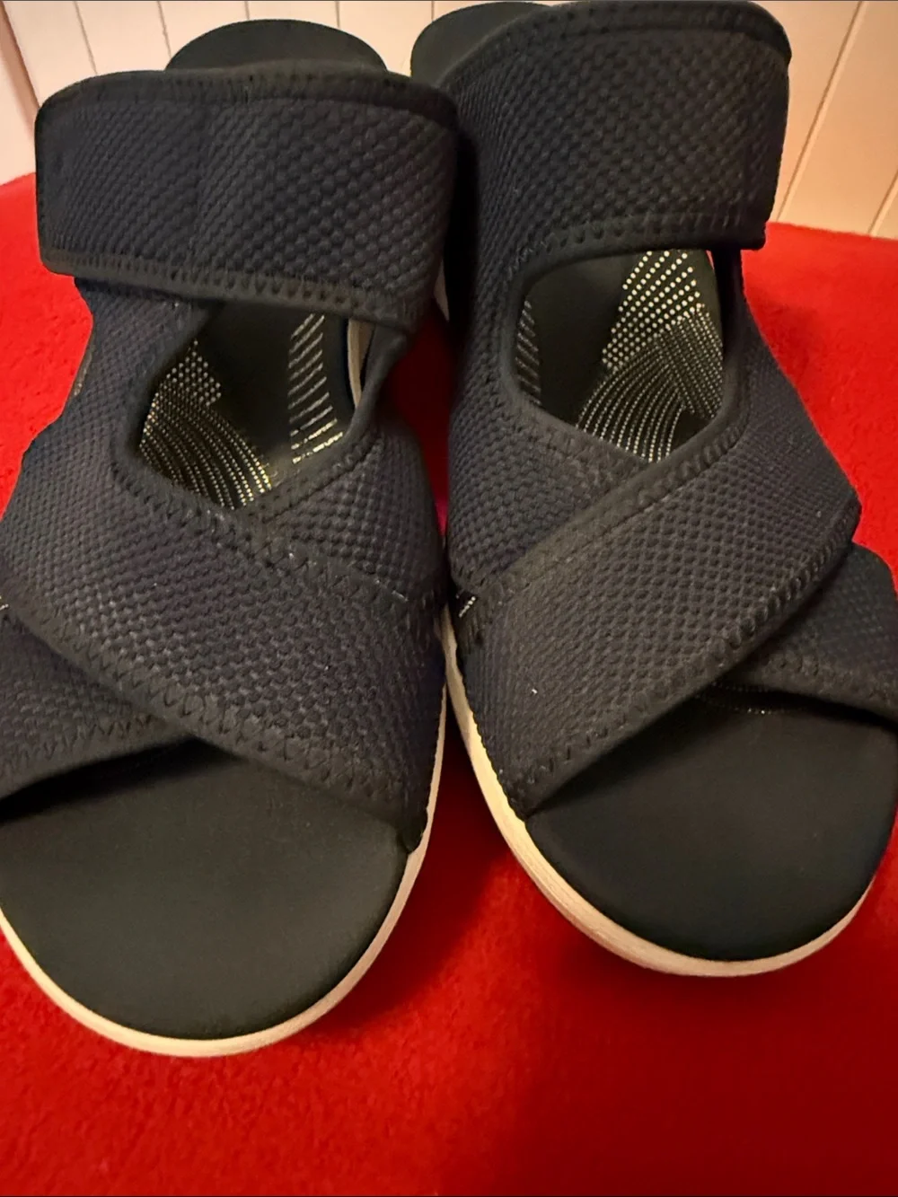 Clarks Navy Blue Wedge Slide Sandals - Women's